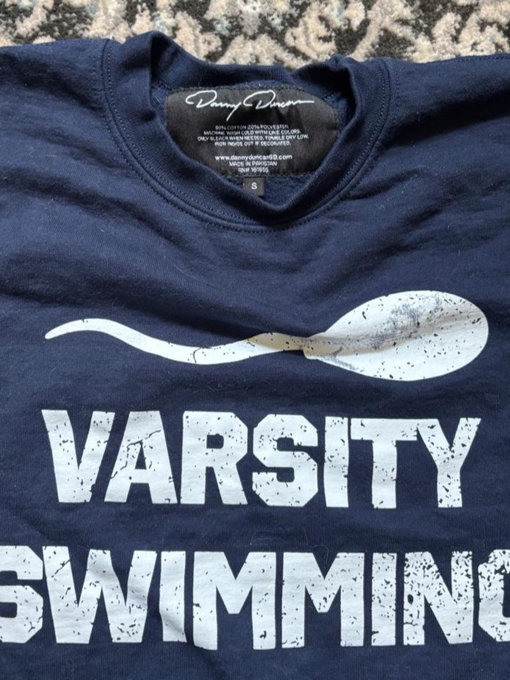 Danny Duncan Navy Crewneck Sweater with Varsity Swimming Graphic